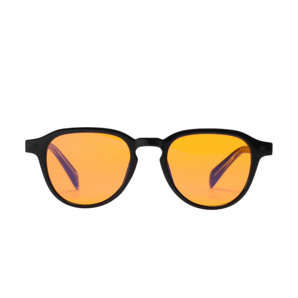 Black square-framed sunglasses with orange lenses on a white background.