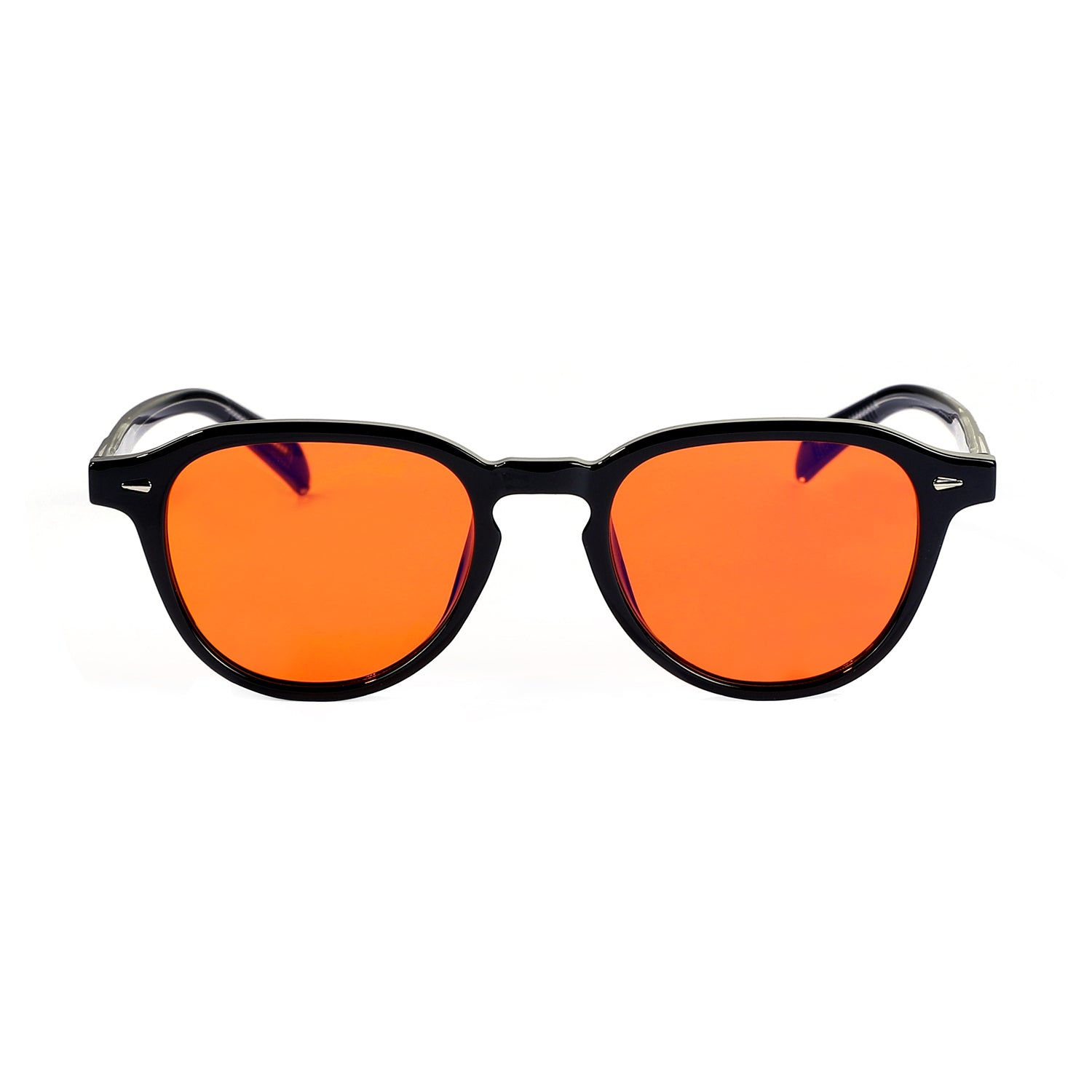 Black-framed sunglasses with orange lenses on a white background.
